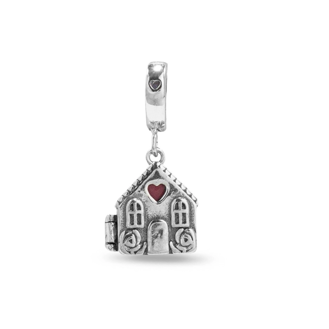 Berloque de Prata Symbol Estilo Relicário Casa Envelhecida com Coração Rosa Esmaltado