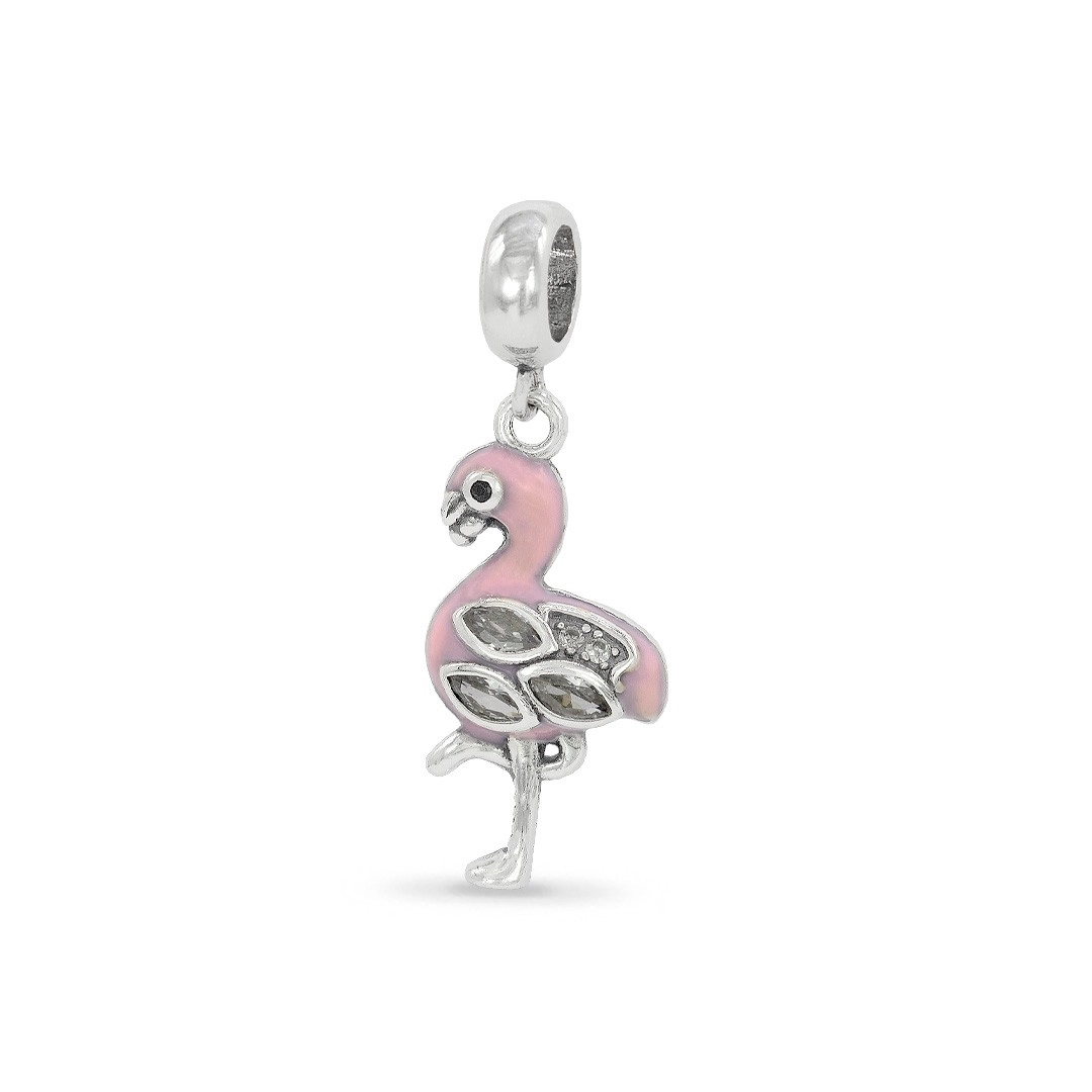 Berloque de Prata Symbol Flamingo com Acabamento Rosa Esmaltado