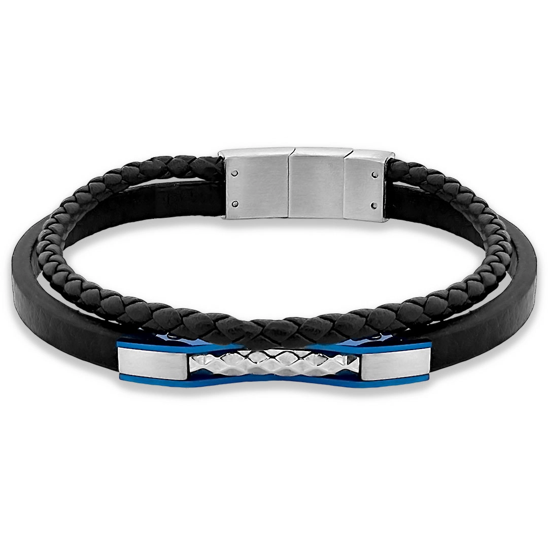 Bracelete de Aço com Couro Duplo, Placa Trabalhada e Fibra de Carbono Azul