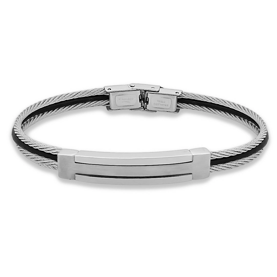 Bracelete de Aço com Couro Preto, Cabo Náutico e Placa Espelhada