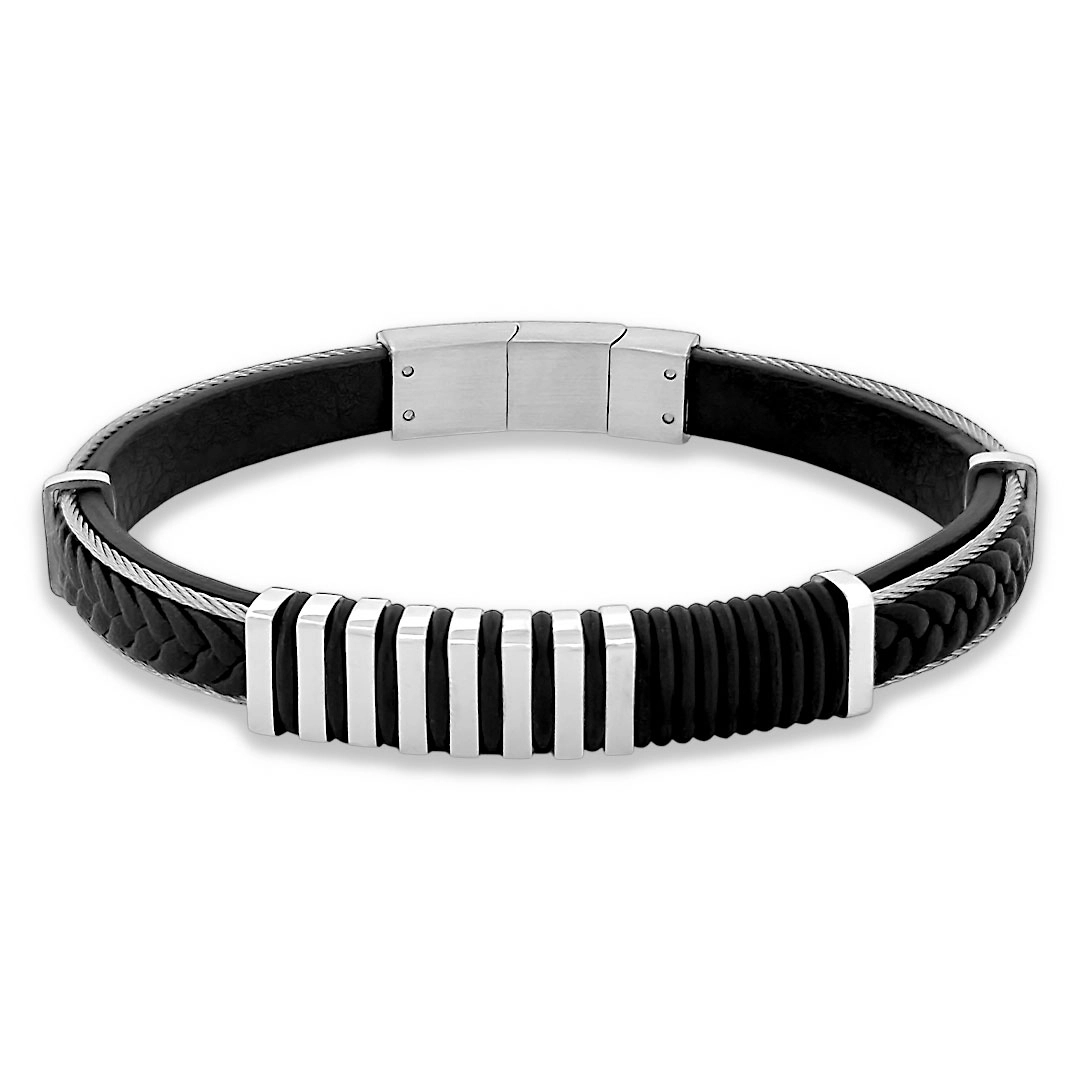 Bracelete de Aço com Couro Preto, Cauciu e Cabo Náutico