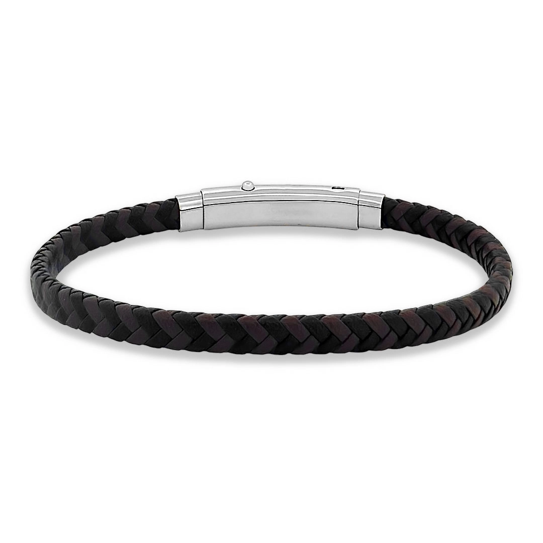 Bracelete de Aço com Couro Trançado Preto e Marrom 