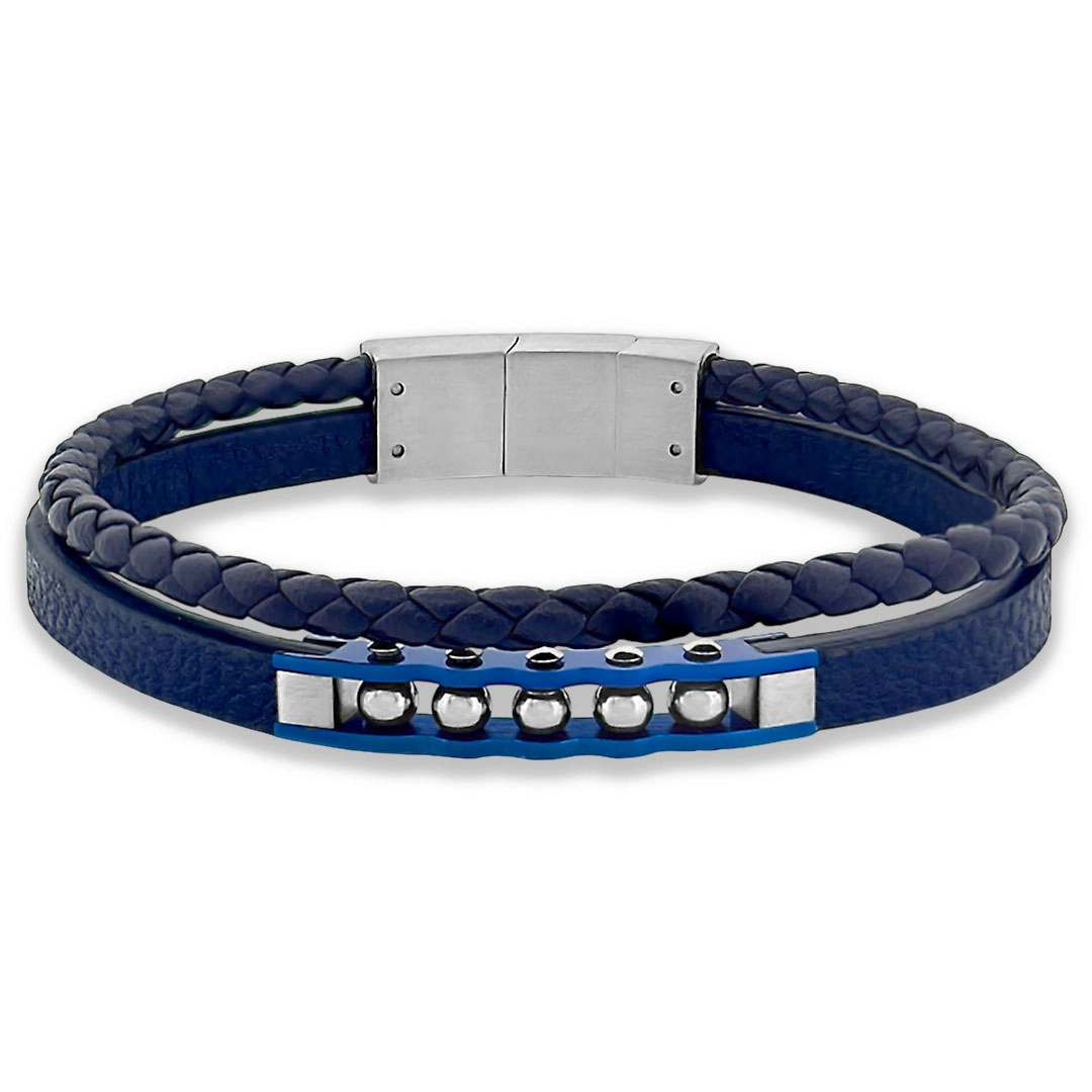 Bracelete de Aço com Dois Fios de Couro Azul e Placa