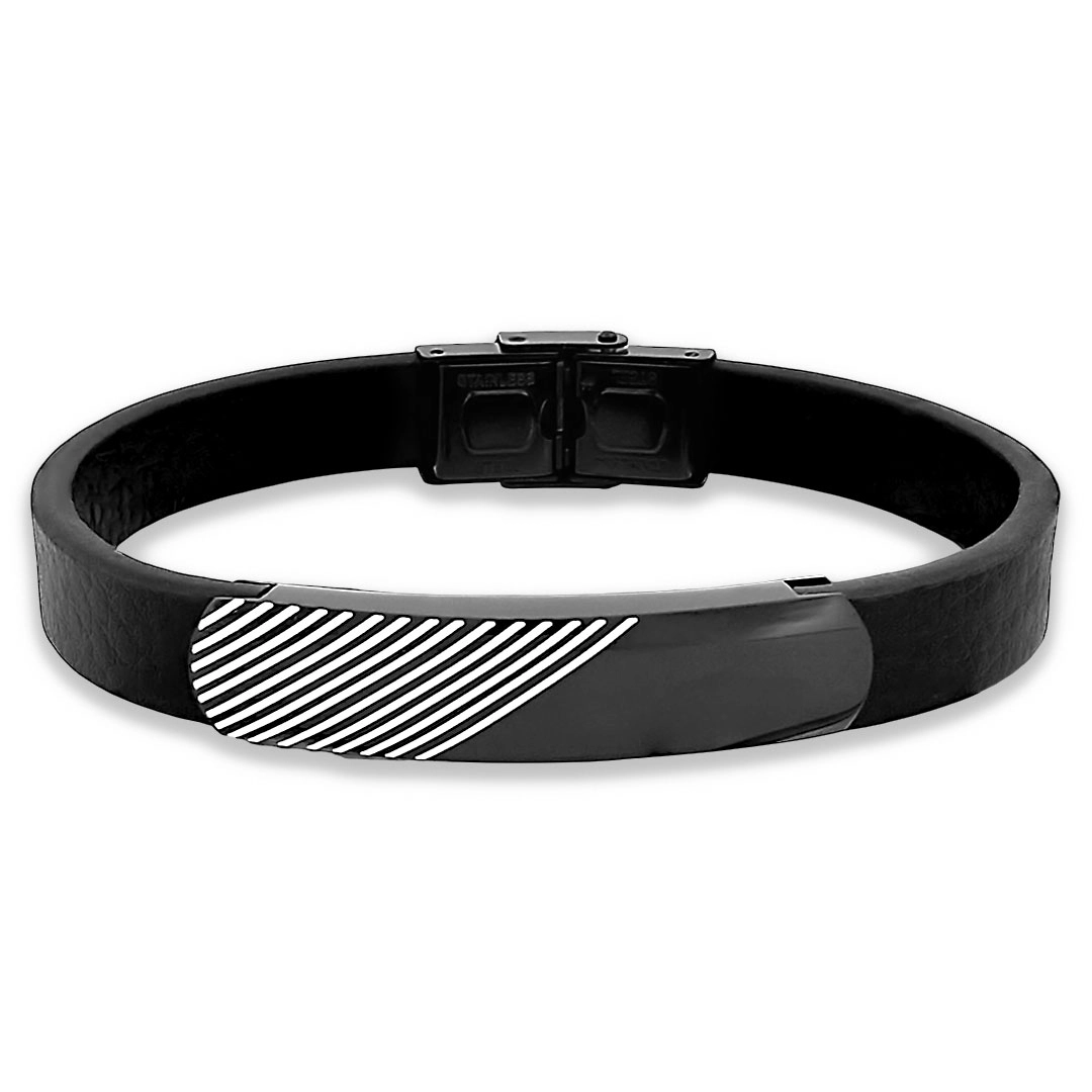 Bracelete de Aço Couro Preto com Placa Carbonada E Resina Branca Trabalhada