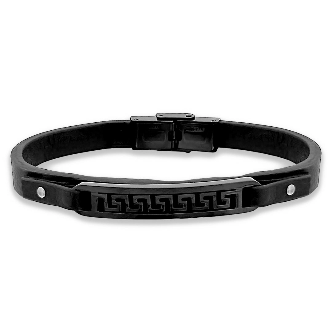 Bracelete de Aço Couro Preto Com Placa carbonada Trabalhada