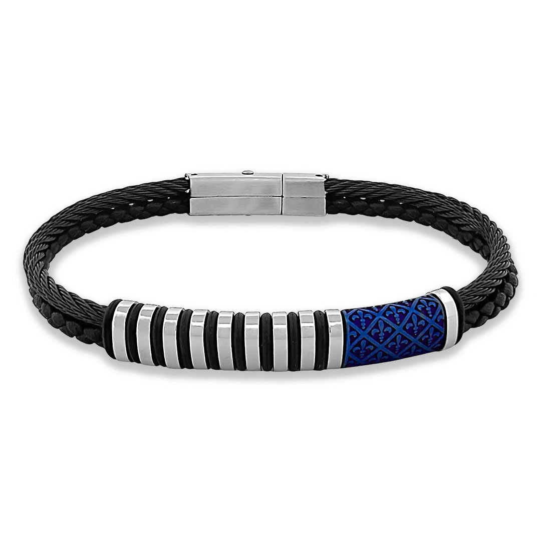 Bracelete de Aço Couro Preto trançado com Cabo Náutico e Placa fibra de Carbono Azul Trabalhada