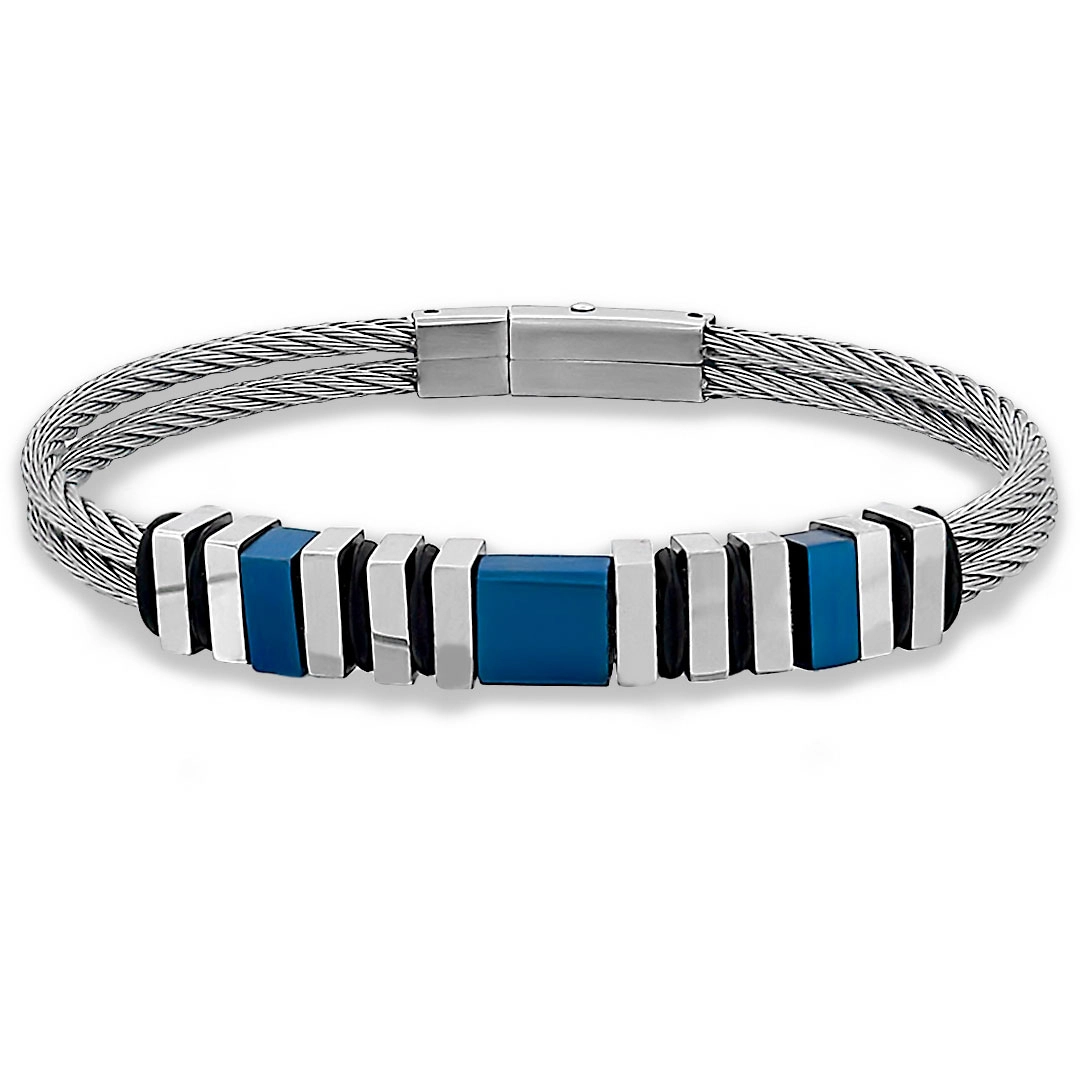 Bracelete de Aço Duplo Cabo Náutico Com Fibra de Carbono Azul e Cauciu