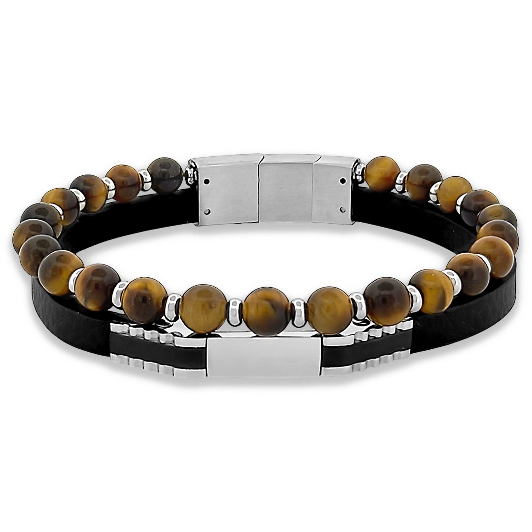 Bracelete de Aço Duplo com Couro Preto, Placa Carbonada e Esferas Marrom