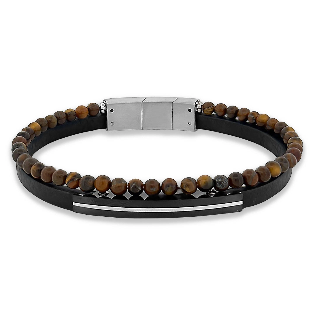 Bracelete de Aço Duplo Couro Preto com Placa Espelhada e Esferas Marrom 