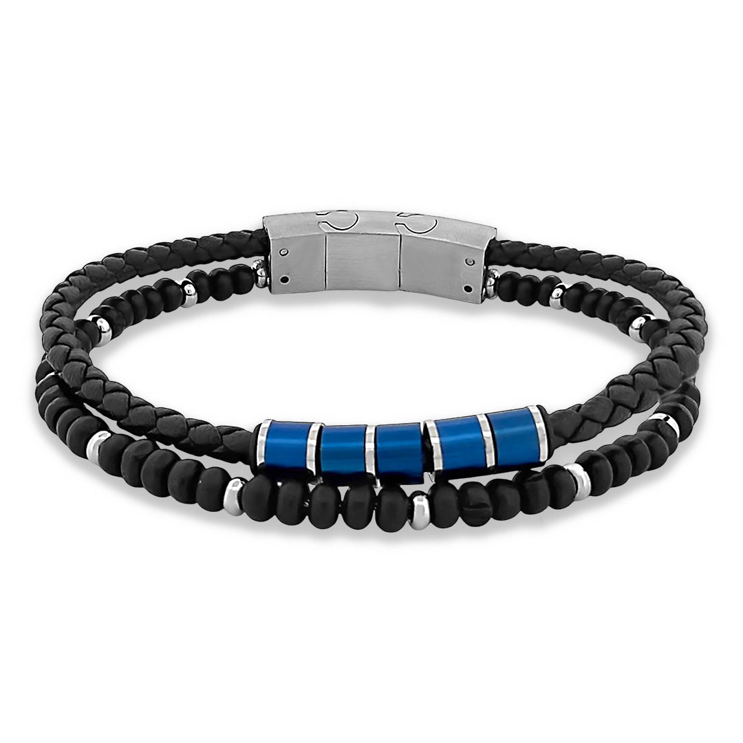 Bracelete de Aço Duplo Couro Preto Trançado Com Esferas e trabalhado Com Carbonado Azul