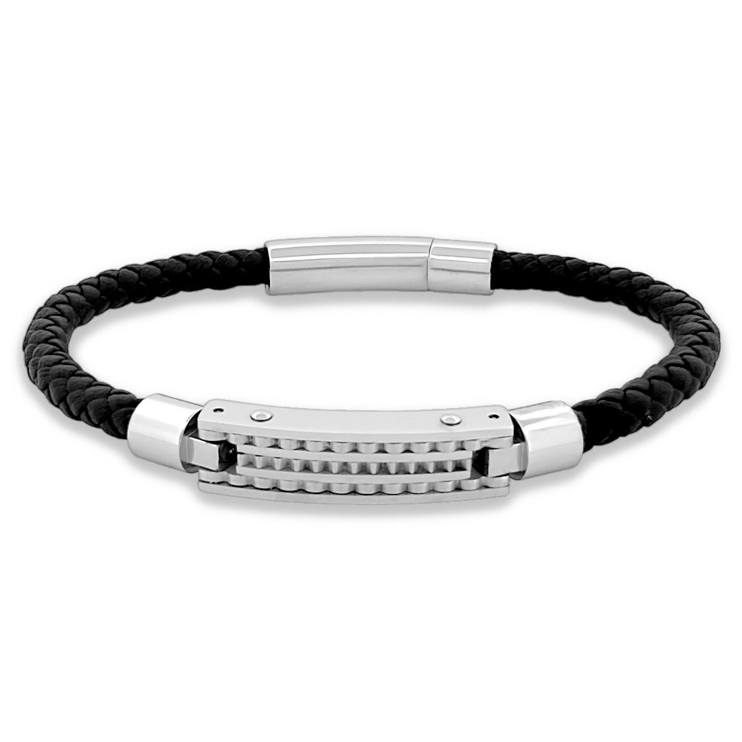 Bracelete de Aço Couro Preto Trançado Com Placa Carbonada Fosca