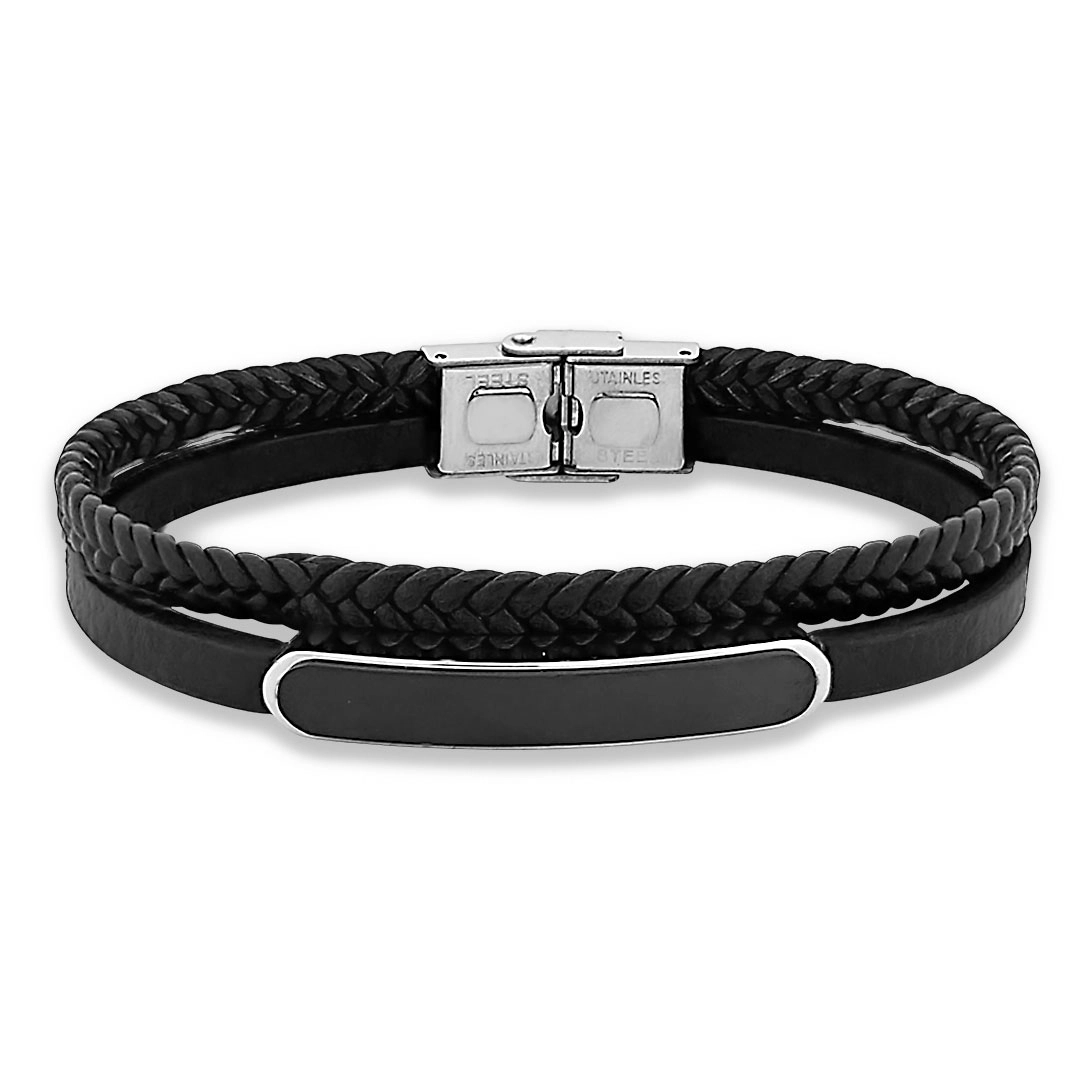 Bracelete de Aço Duplo Couro Preto Trançado Com Placa Carbonada Espelhada