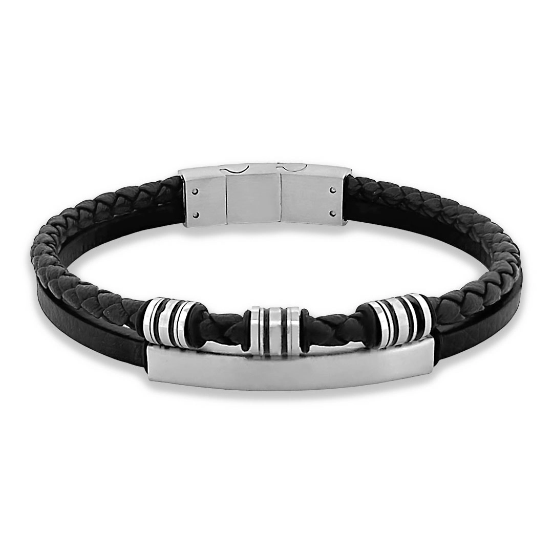 Bracelete de Aço Duplo Couro Preto Trançado Com Placa Fosca