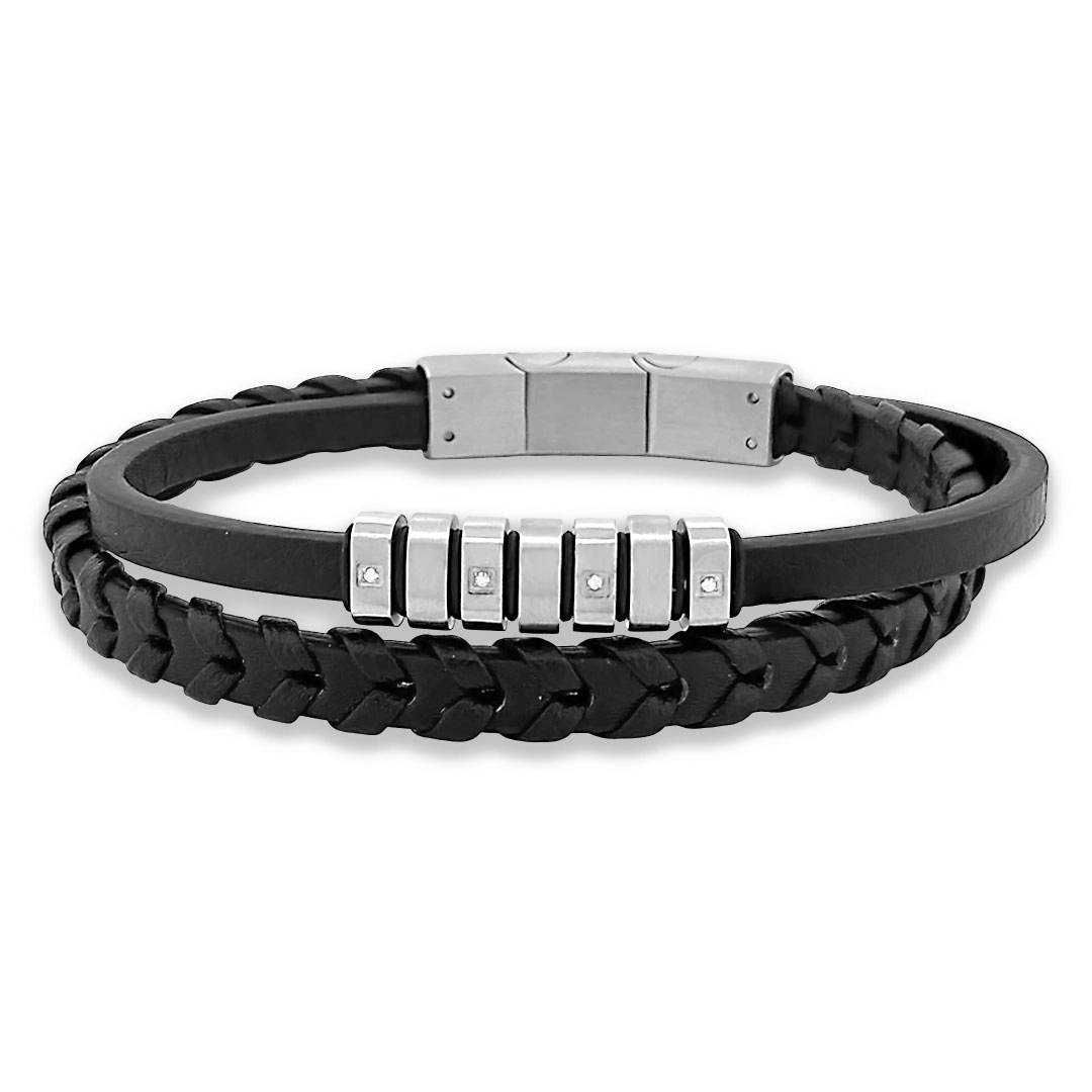 Bracelete de Aço Duplo Couro Preto Trançado Com Trabalhado Zircônia Cristal e Cauciu