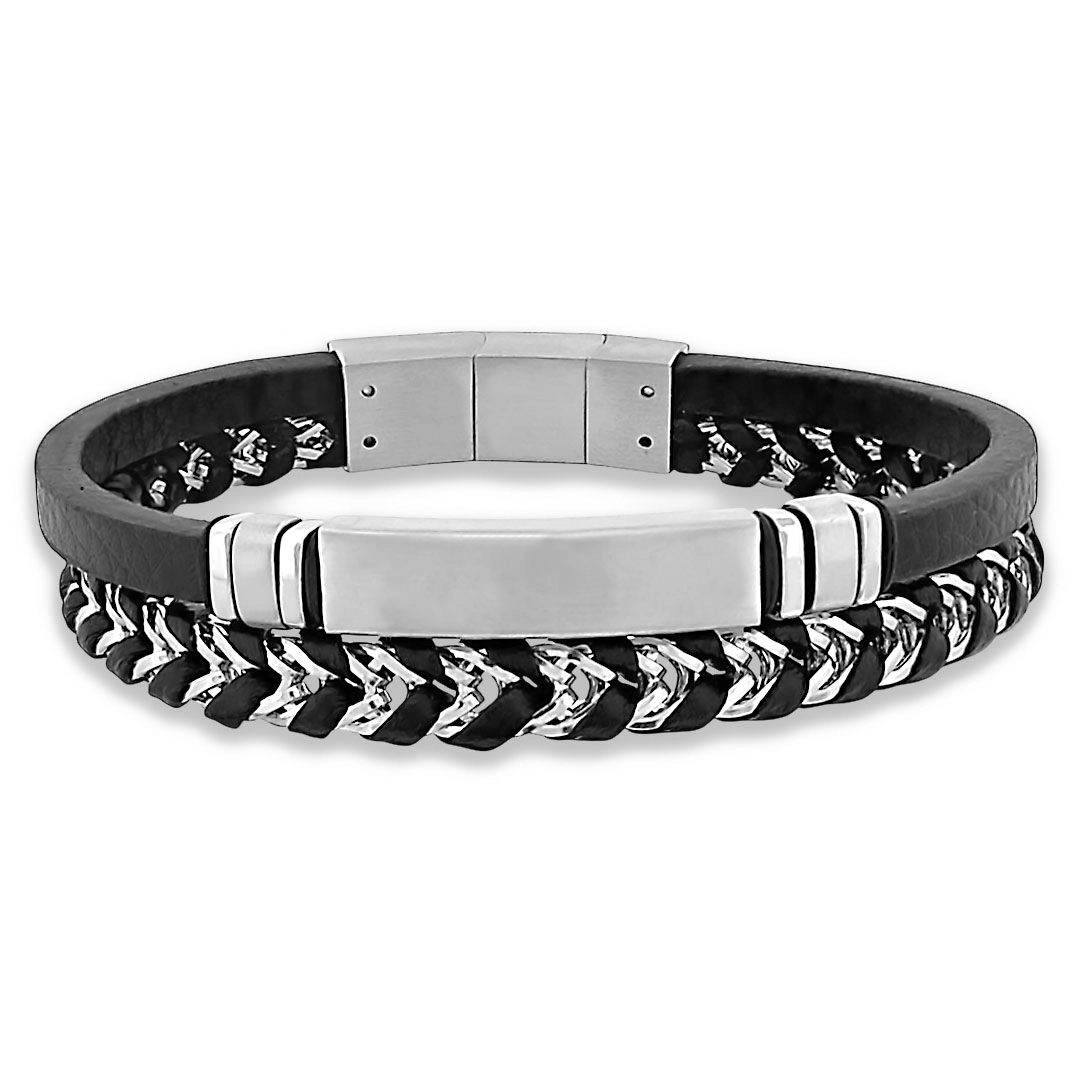 Bracelete de Aço Duplo Couro Preto Trançado com cabo Náutico e Placa Fosca