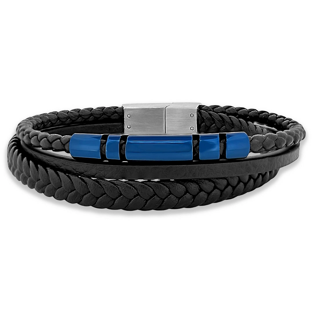 Bracelete de Aço Triplo com Couro Preto e  Placa Carbonada Azul 