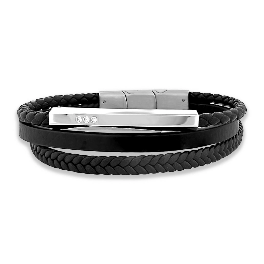 Bracelete de Aço Triplo Couro Preto Liso e Trançado Com Placa Espelhada e Zircônia Cristal