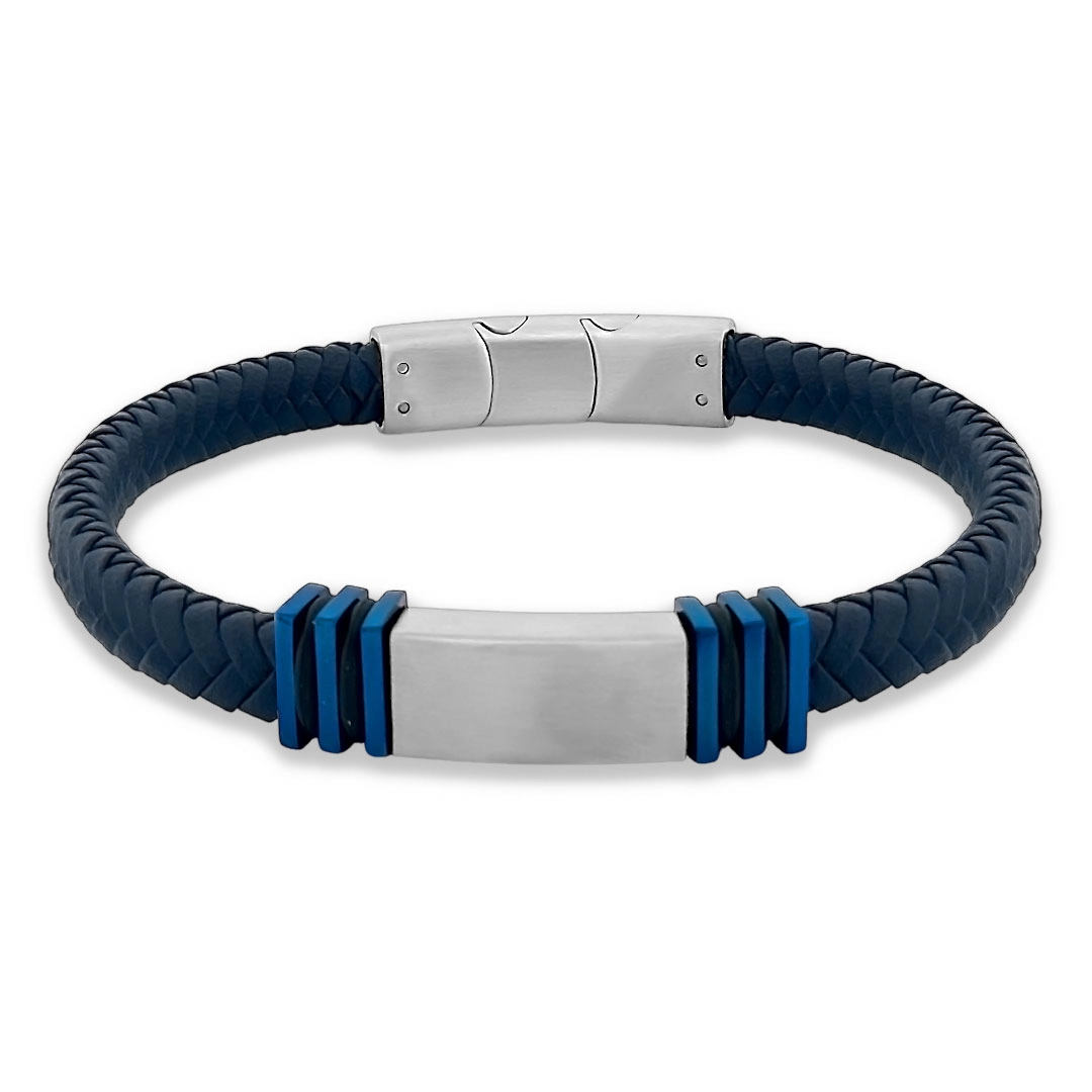 Bracelete de Couro Azul Trançado com Placa Fosca