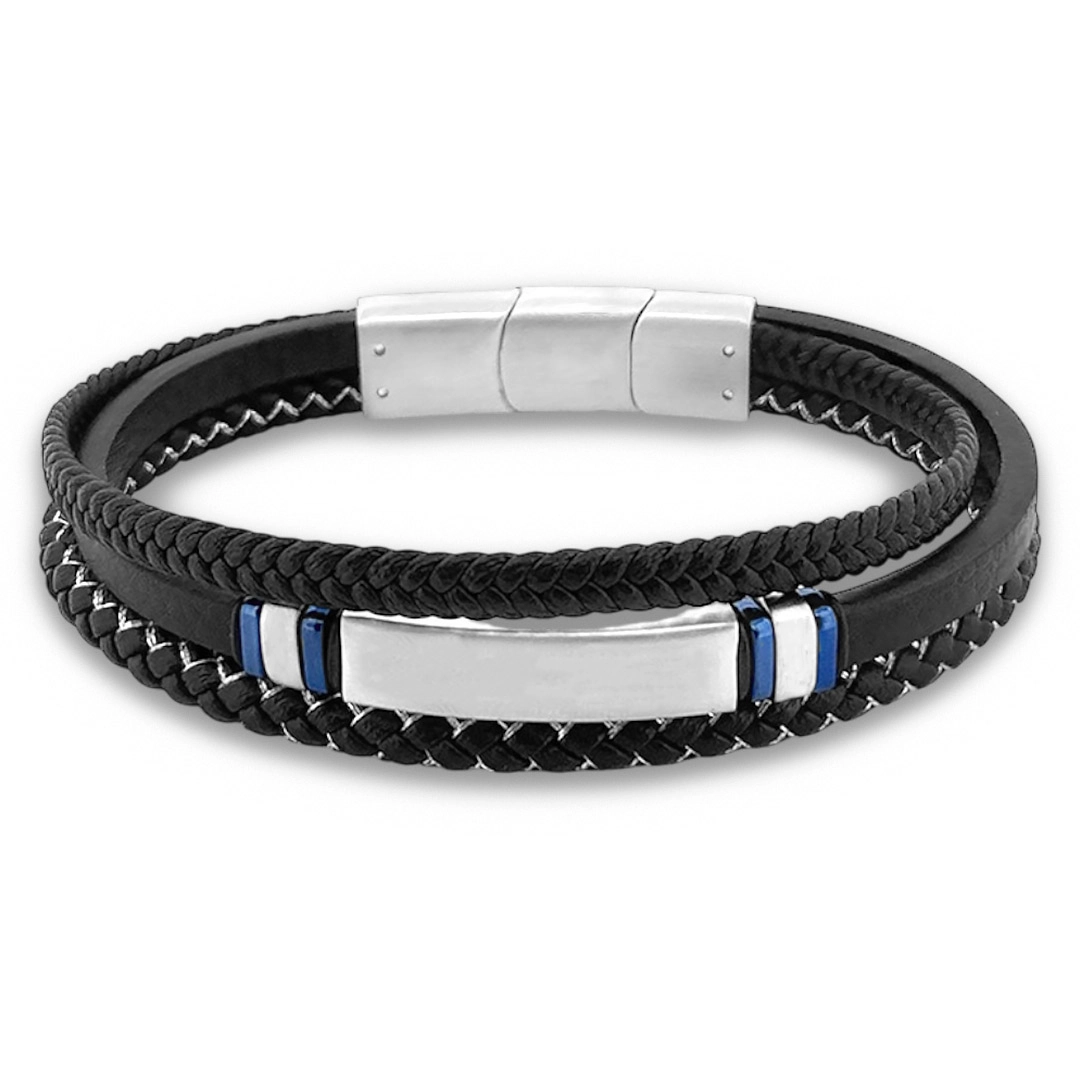 Bracelete de Couro Preto Três Fios Liso, Trançado E Placa Fosca Azul carbonada