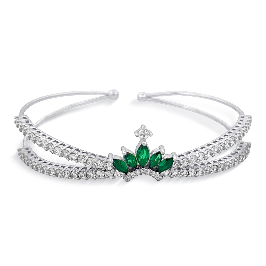 Bracelete de Prata Blend Collection Aberto com Zircônias Cristal e Coroa em Zircônia Esmeralda