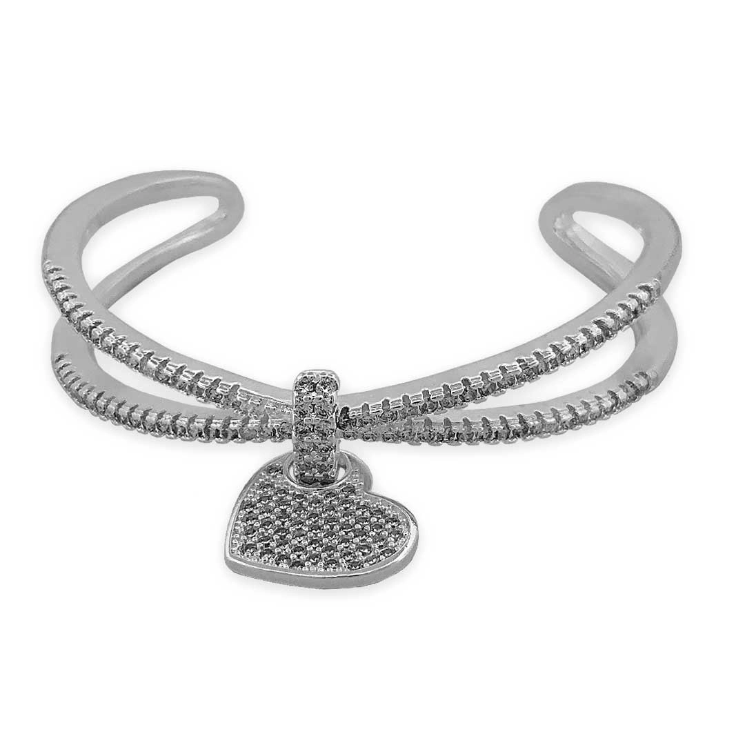 Bracelete Em Prata Leve Aberto Com Coração De Zircônia Cristal Cravejada