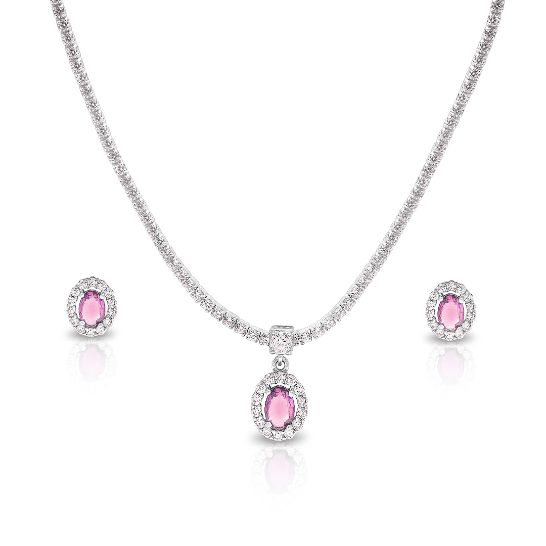 Colar Blend Collection de Prata 925 com Brincos de Zircônias Cristal e Rosa