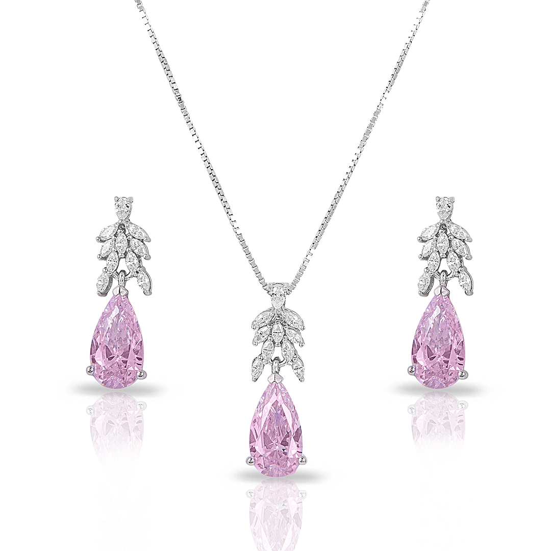 Colar Blend Collection de Prata 925 com Brincos de Zircônias Cristal Navete e Rosa Gota