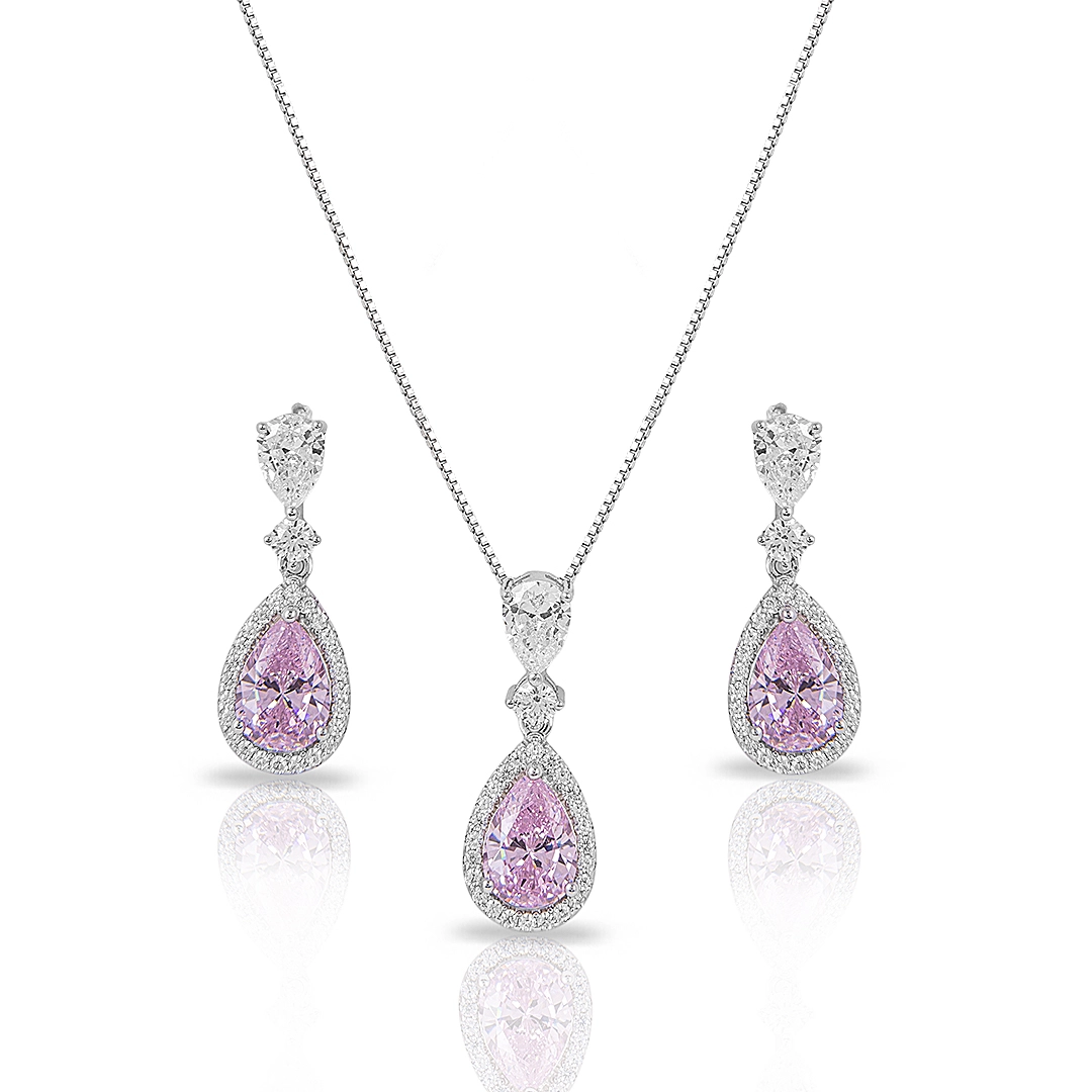 Colar Blend Collection de Prata 925 com Brincos de Zircônias Rosa e Cristal Oval