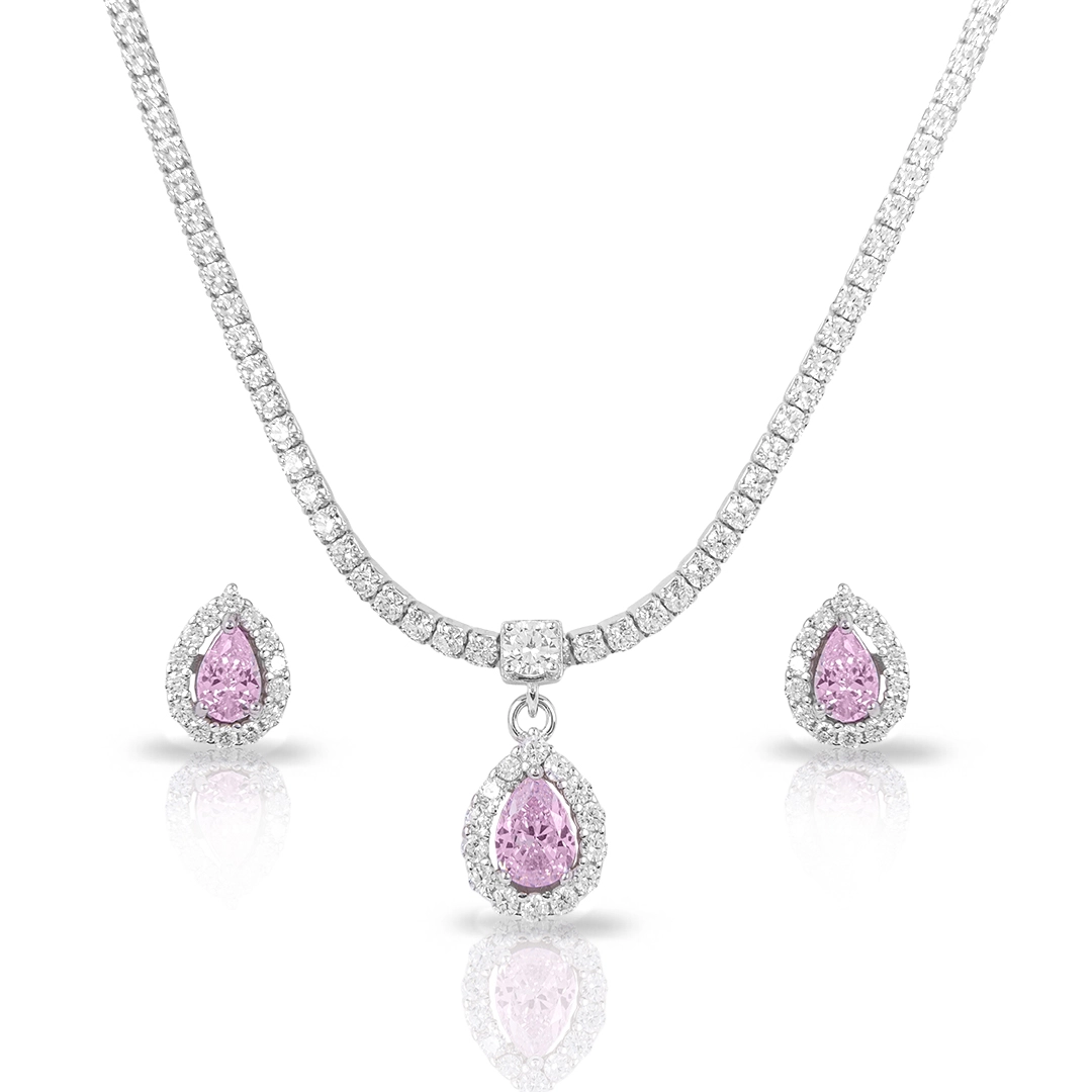 Colar Blend Collection de Prata 925 com Brincos Gota de Zircônias Cristal e Rosa