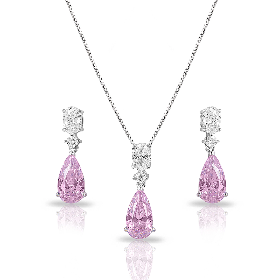 Colar Blend Collection de Prata 925 com Brincos Gota de Zircônias Rosa e Cristal