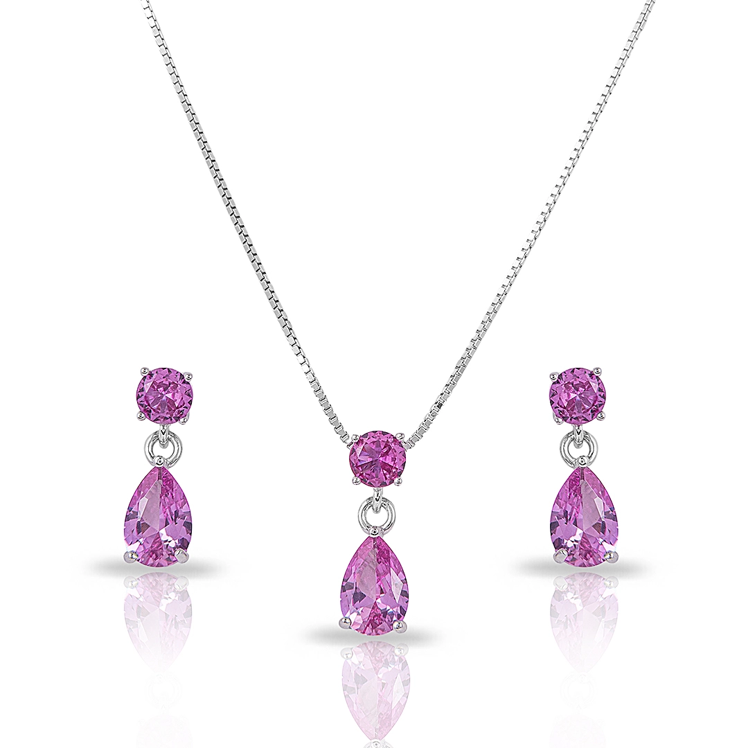 Colar Blend Collection de Prata 925 com Brincos Gota de Zircônias Rosa