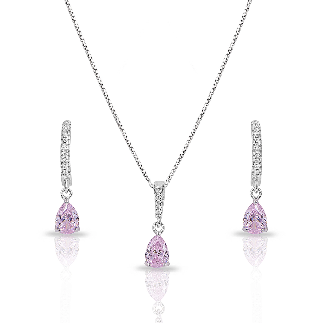 Colar Blend Collection de Prata 925 com Brincos Meia Argola de Gota em Zircônia Rosa