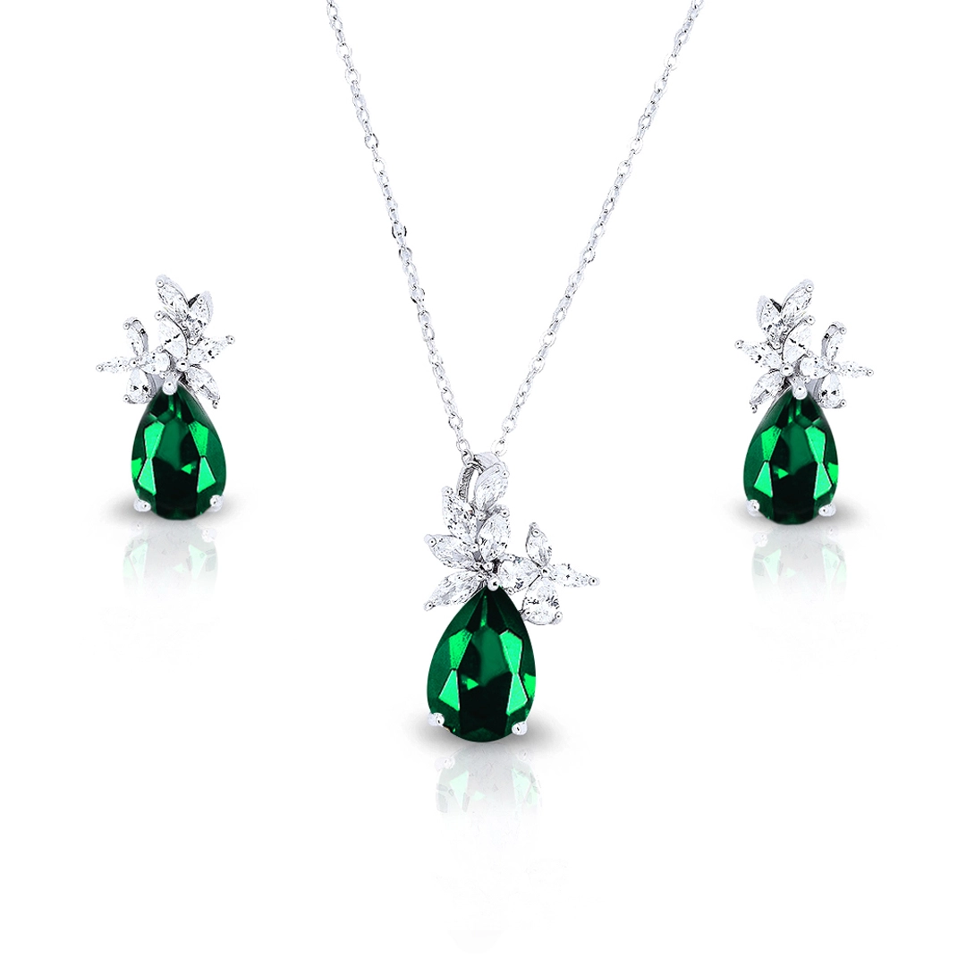 Colar de Prata Blend Collection e Brincos com Gota de Zircônias Cristal e Esmeralda