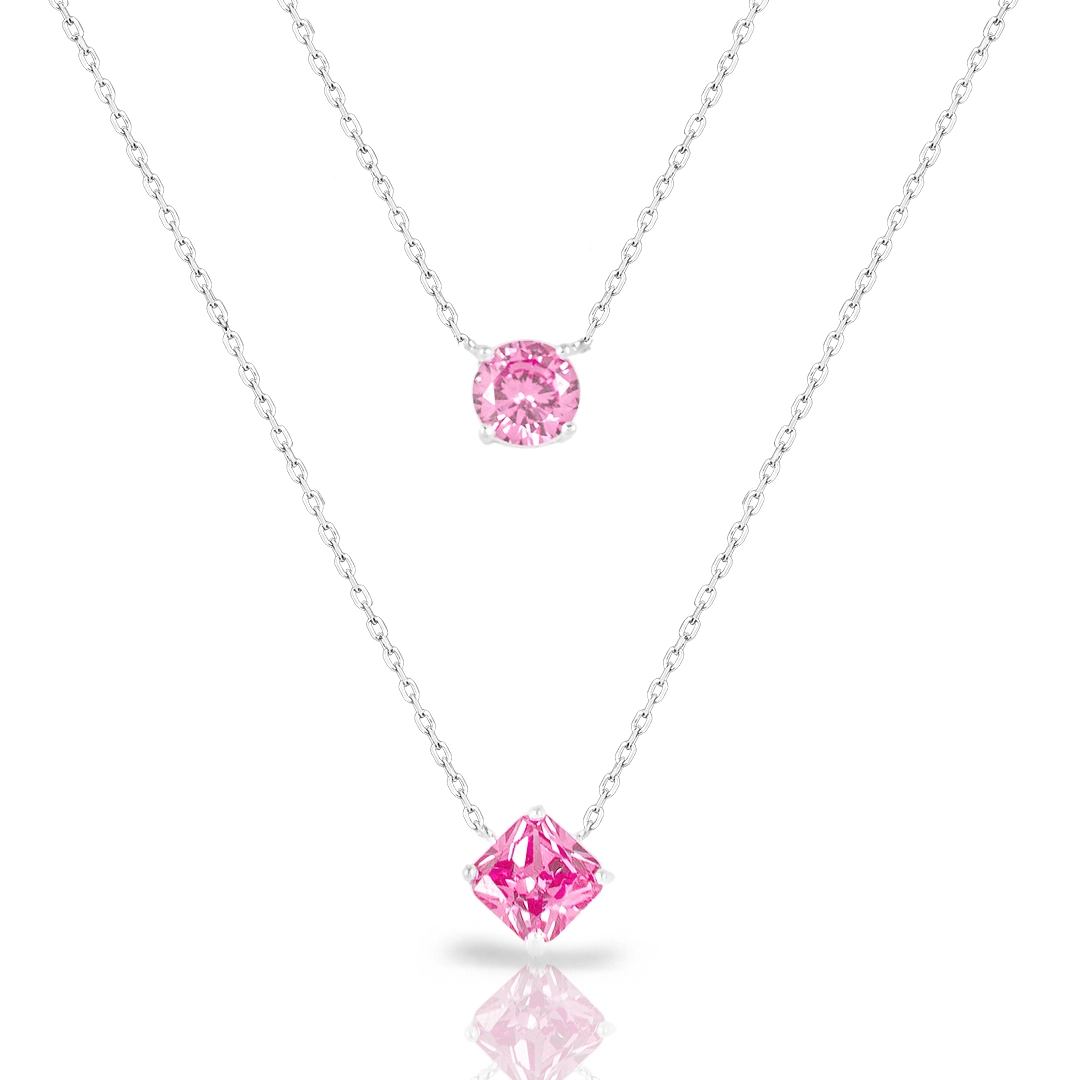 Gargantilha Blend Collection de Prata 925 Dupla com Zircônia Redonda e Quadrada Rosa