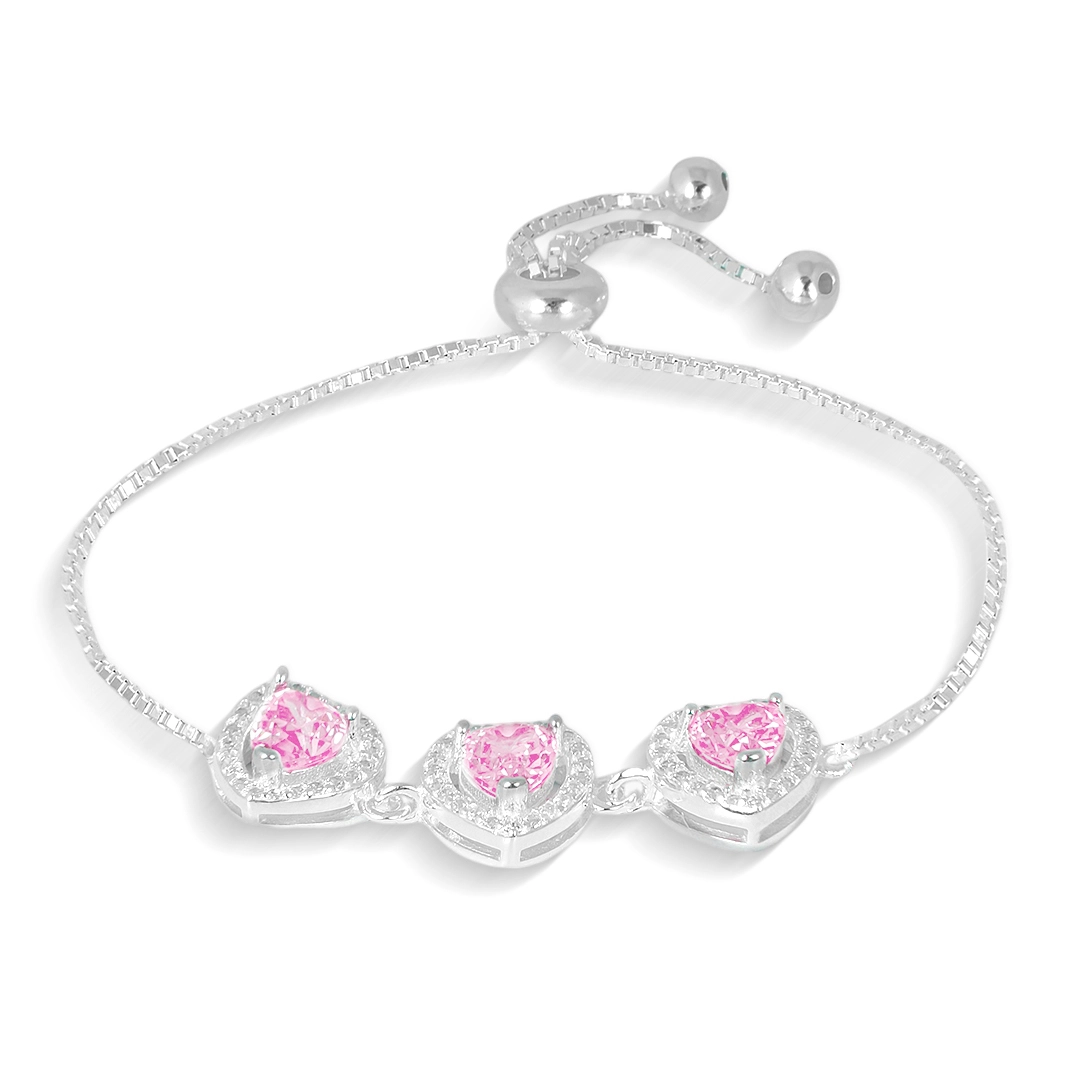 Pulseira Blend Collection de Prata 925 Com Três Corações em Zircônias Rosa