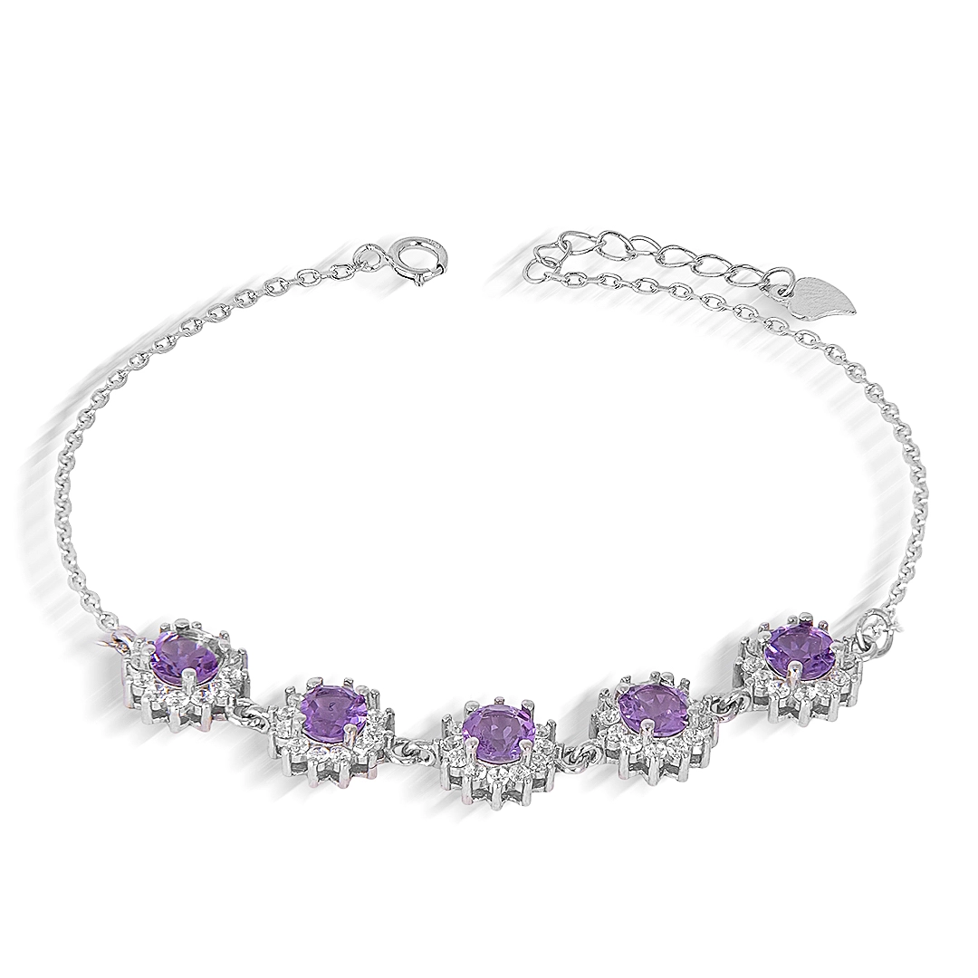 Pulseira de Prata 925 com Pedra Natural Ametista e Zircônias Cristal