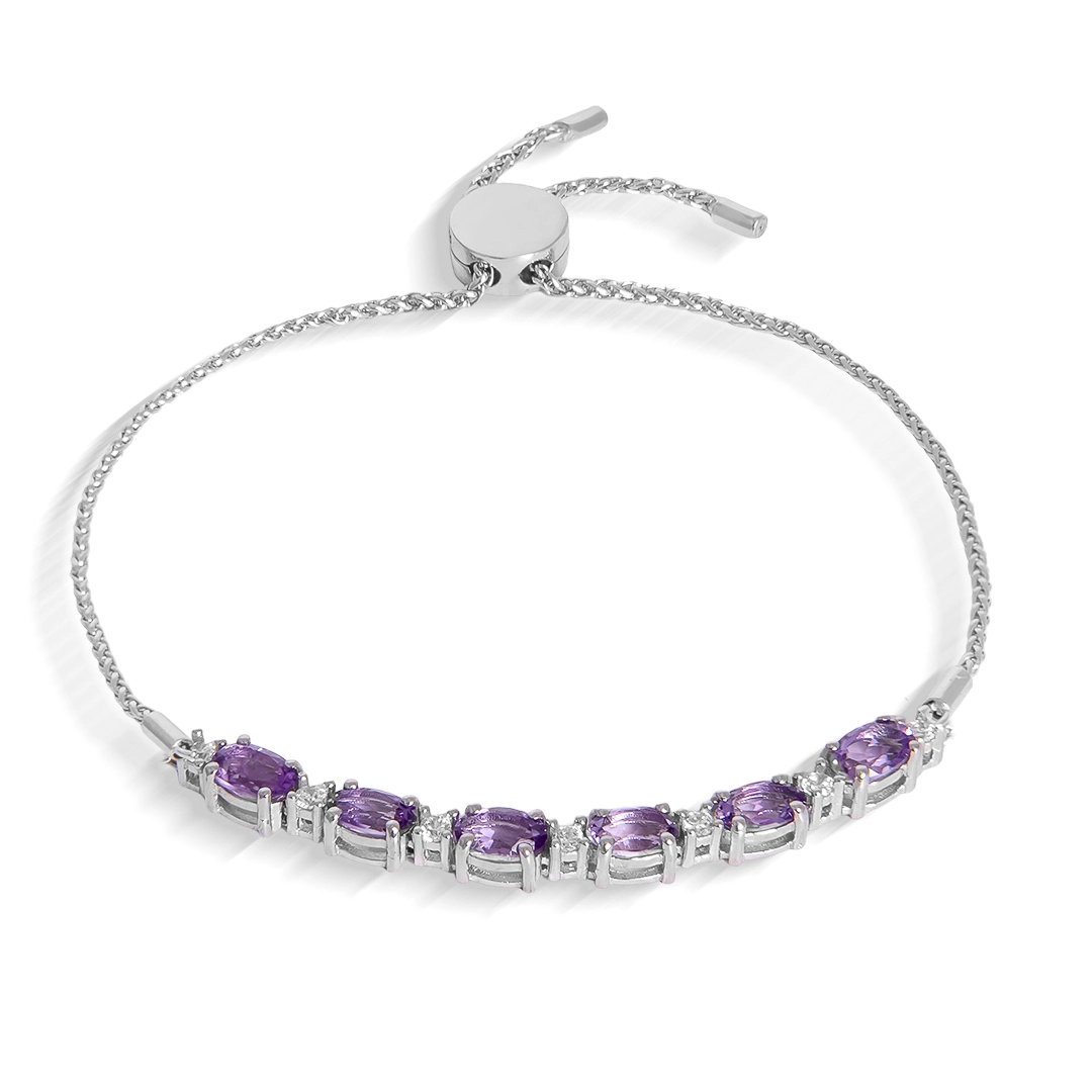 Pulseira de Prata 925 com Pedra Natural Ametista Oval e Zircônias Cristal