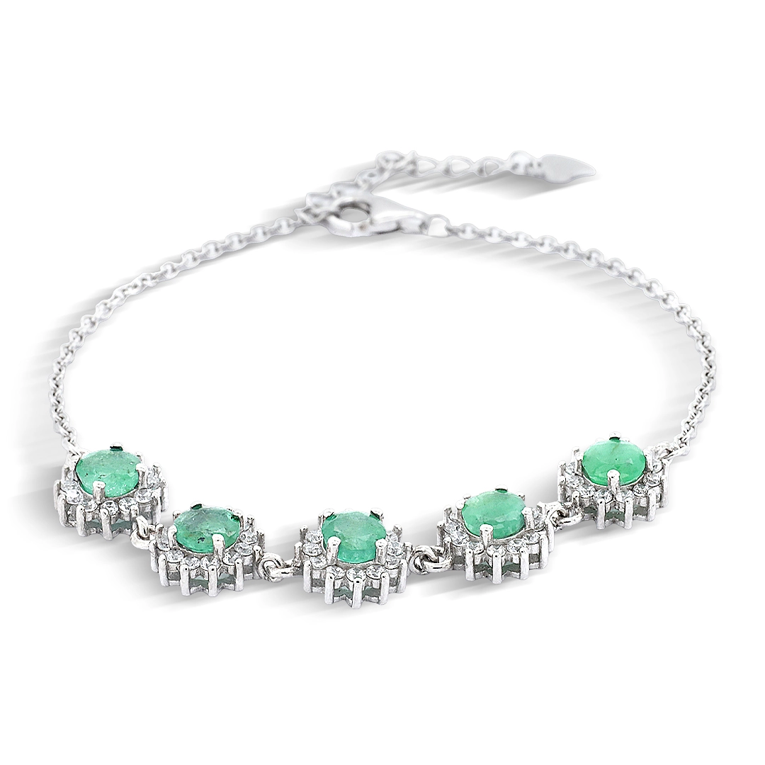 Pulseira de Prata 925 com Pedra Natural Esmeralda Redonda e Zircônias Cristal