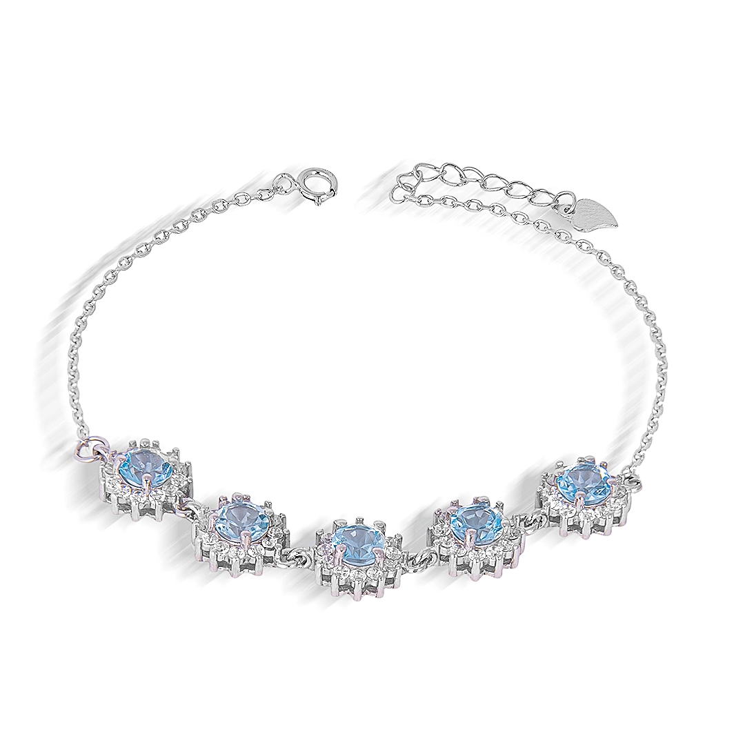 Pulseira de Prata 925 com Pedra Natural Topázio Celeste Redonda e Zircônias Cristal