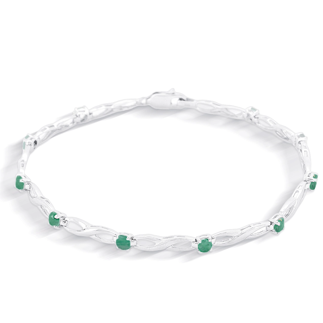 Pulseira de Prata 925 Trabalhada com Pedra Natural Esmeralda 