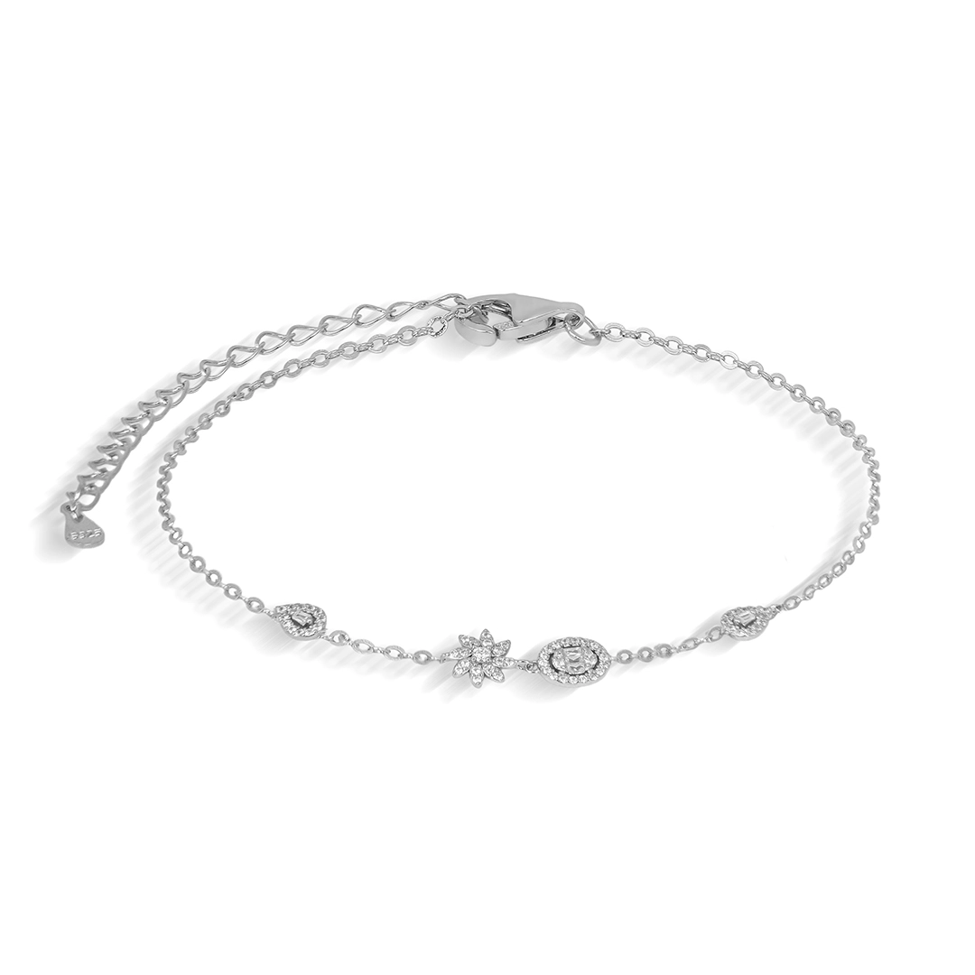 Pulseira de Prata Blend Collection Com Flor, gota e Oval Cravejada Com Zircônias Cristal 