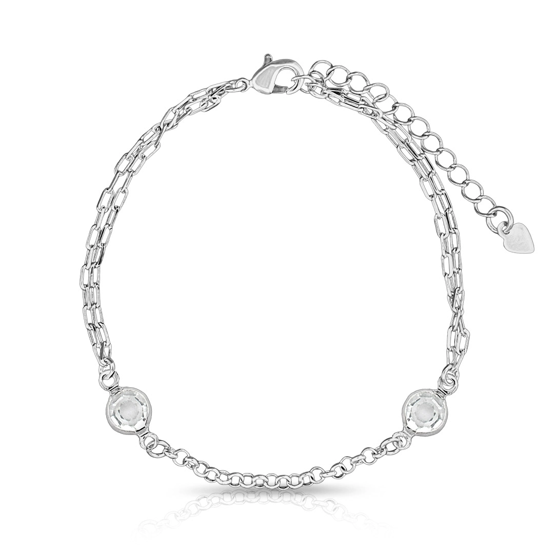 Pulseira De Prata Leve com Duas Zircônias Cristal