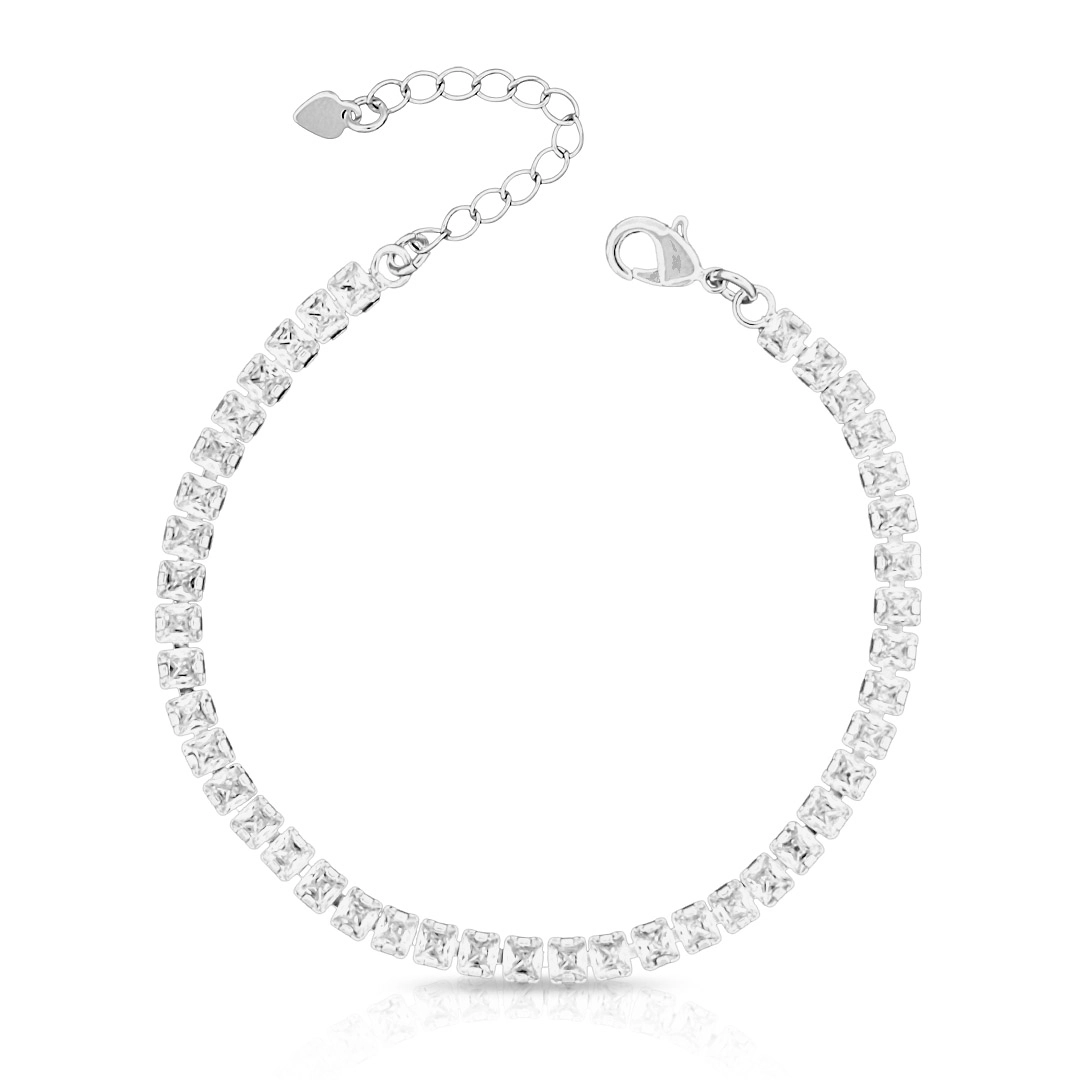 Pulseira de Prata Leve Riviéra com Zircônia Cristal Quadrada