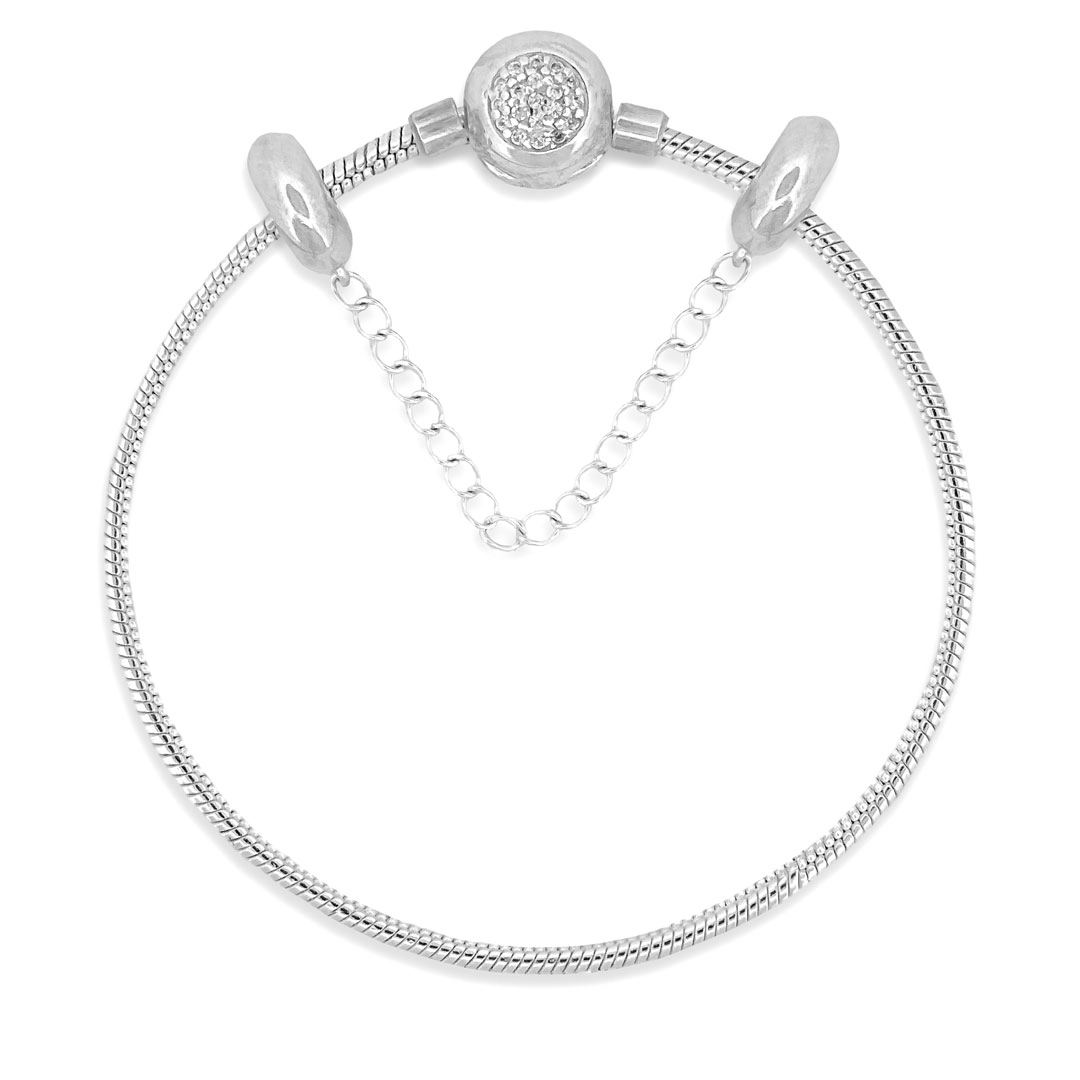 Pulseira de Prata para Berloques com Zircônias Cristal e Trava 18 cm